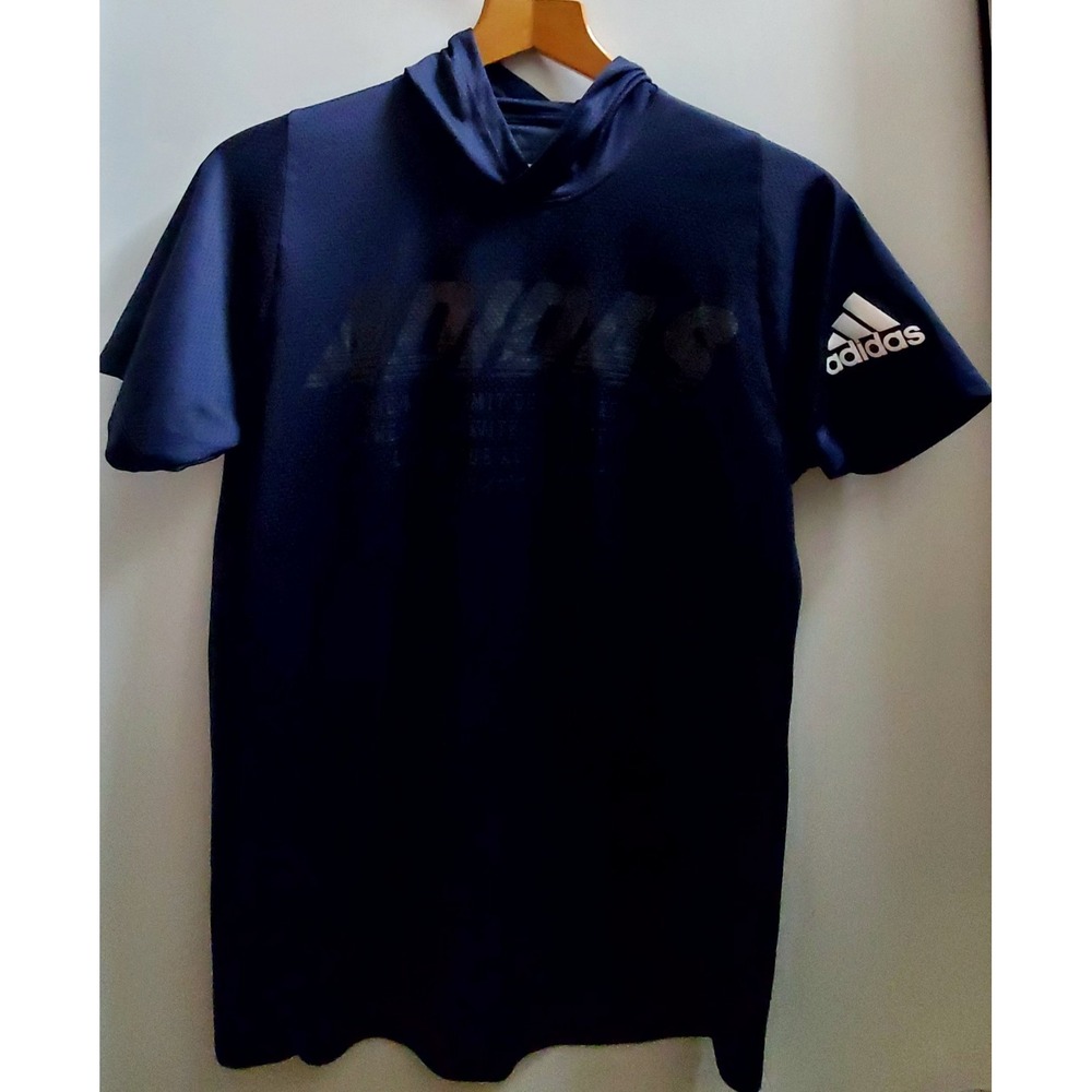 ADIDAS Workout Shirt Short Sleeve Hoodie Mesh Navy w/ Logo Writing 2019 Men's M